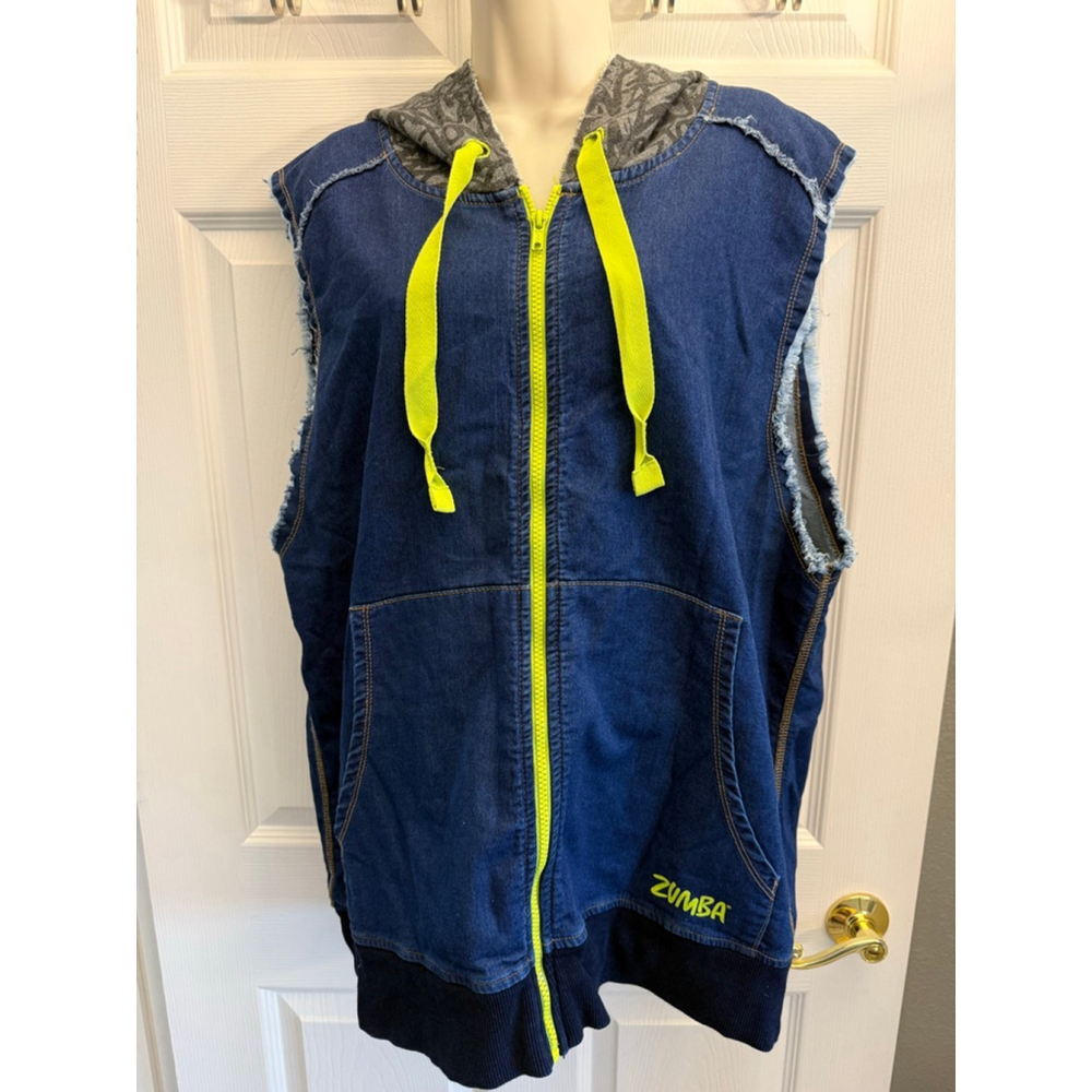 Zumba sleeveless denim hoodie vest distressed raw-edge neon yellow zipper L Y2K
